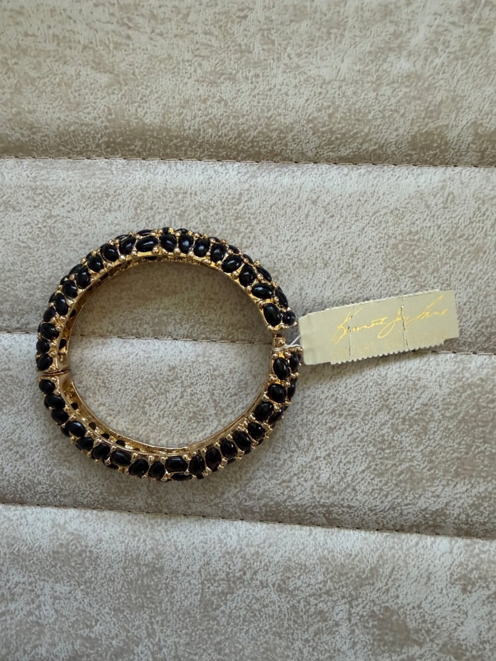 NWT Kenneth Jay Lane Black Onyx Cabochon Hinged Clamper Bangle Bracelet